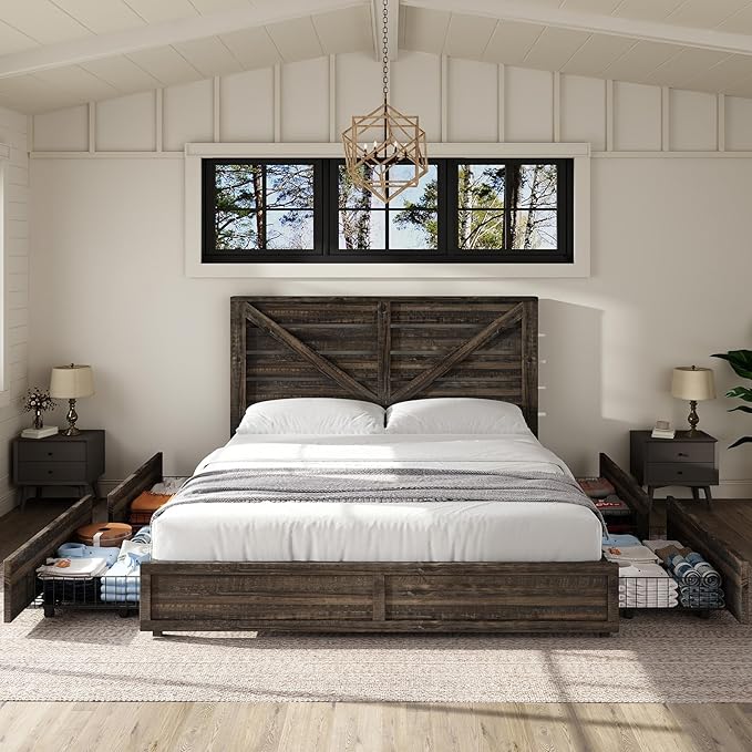 AMERLIFE Queen Size Farmhouse Bed Frame with 4 Drawers, Wooden Storage Bed Frame with Headboard and Heavy Duty Metal Slats, Noisy Free, Easy Assemble, Rustic Black