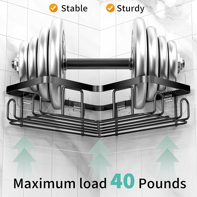 Moforoco 5-Pack Shower Caddy, L-Shaped, 10.2in Diameter, 90-Degree Right Angle, Rustproof, Easy Installation, 12 Hooks, Soap Holder, Adhesive Corner Shower Organizer, Black