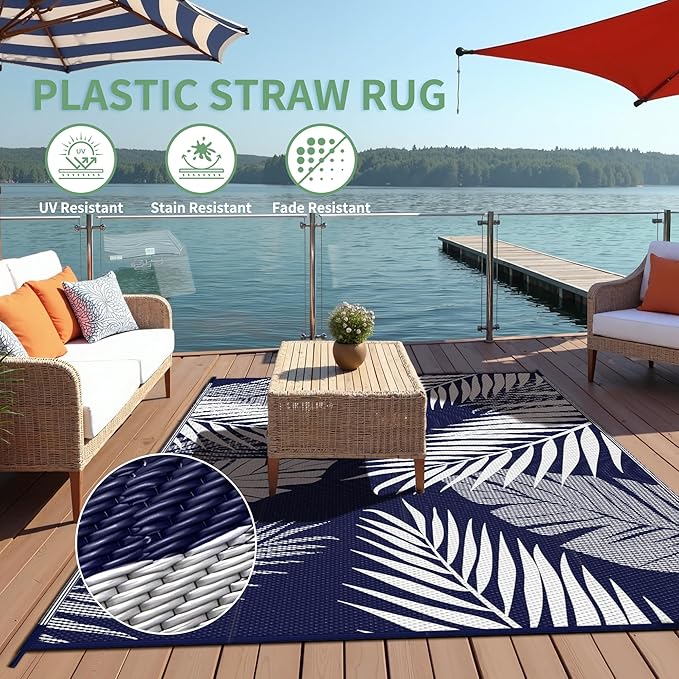 Outdoor Rug 6’x9’ Waterproof for Patio Clearance, Reversible Indoor Outdoor Plastic Straw Camping Rug Carpet, RV Mat, Large Area Rug for Deck, Backyard, Balcony, Porch, Beach, Blue & White