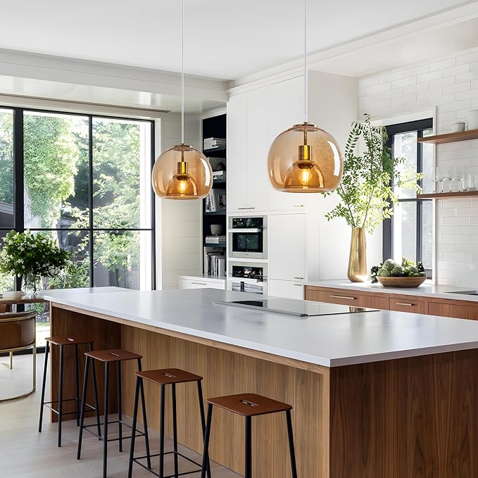 Amber Glass Pendant Lights Kitchen Island Gold Hanging Light Fixture Glass Globe Pendant Light Modern Pendant Lighting for Kitchen Island Bedroom Dining Room (9.84", 1 Pack)
