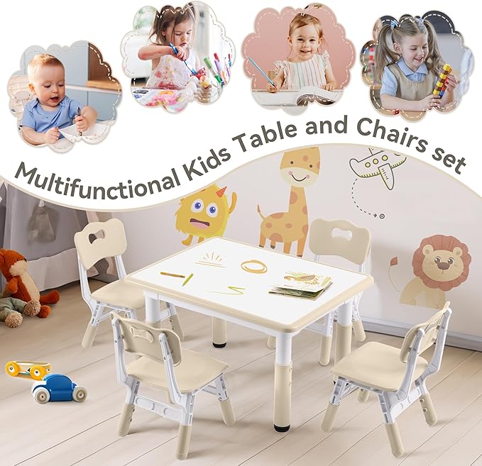 Kids Study Table and Chairs Set, Height Adjustable Toddler Table and Chair Set for Kids Ages 3-8, 31.5" L x 23.6" W Graffiti Desktop Plastic Children Art Table with 4 Seats