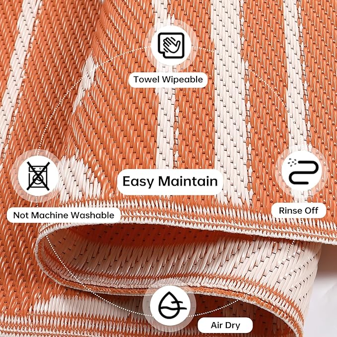 Beeiva Waterproof Outdoor Rug, 6x9 Plastic Outdoor Rug for Patio, Reversible Non Shedding RV Outdoor Mat for Deck, Balcony, Backyard, Porch, Camping, Picnic - Orange