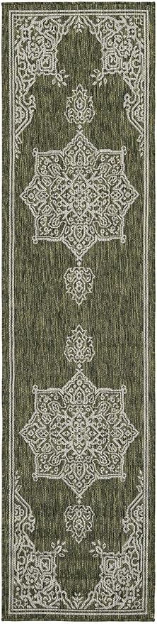 Unique Loom Outdoor Traditional Collection Area Rug - Antique (2' x 8' Runner Green/Ivory)