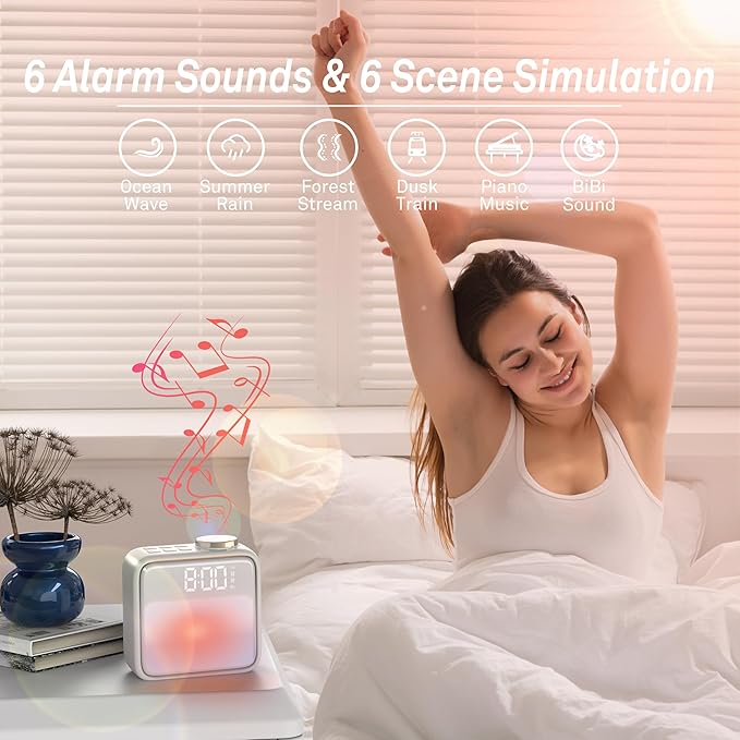 AIRIVO Alarm Clock Night Lights, Built-in Battery Alarm Clock for Bedrooms, 6 Scenes & White Noise Sync, Dual Alarms & Snooze, for Heavy Sleepers, Gifts for Kids Teens