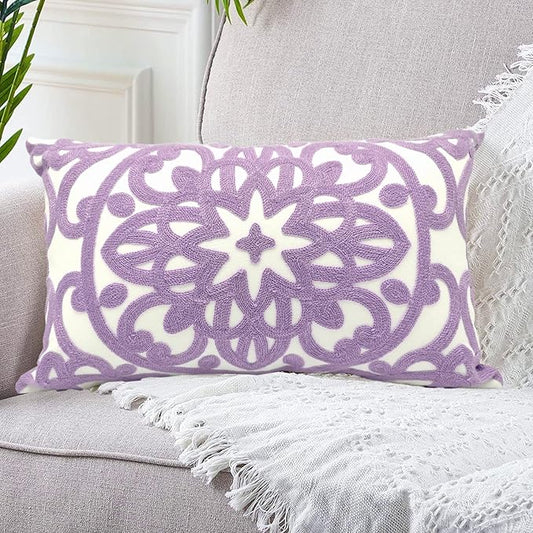 Alysheer Embroidered Lumbar Decorative Throw Pillow Cover 12"x 20", Classic Boho Mandala Embroidery Pattern Cotton Rectangular Cushion Case for Sofa Couch Living Room Bedroom(Lavender)