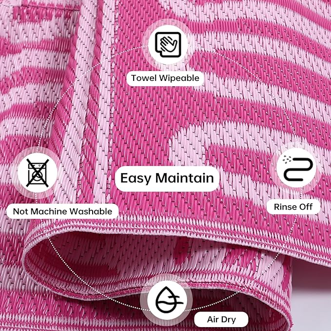 Beeiva Outdoor Waterproof Rug 8x10, Plastic Reversible Outdoor Camping Rug, Pink Patio Rug for Deck, Balcony, Backyard, Porch, Camping, Picnic - Pink