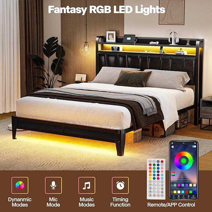 Full Size Bed Frame with 2-Tier Storage Shelves, LED Bed Frame with PU Leather Headboard, Metal Platform Bed with Charging Station, Noise Free, No Box Spring Needed, Easy Assembly, Black