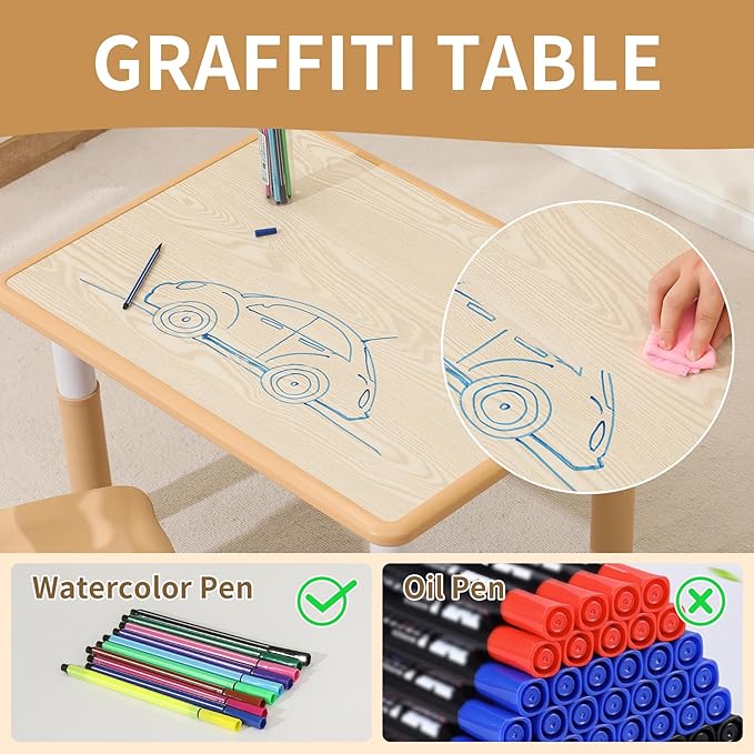 Toddler Table and Chairs, Kids Table and 4 Chairs Set with Graffiti Desktop, Height-Adjustable Kids Study Table for Boys and Girls Aged 3-8, Max 300lbs