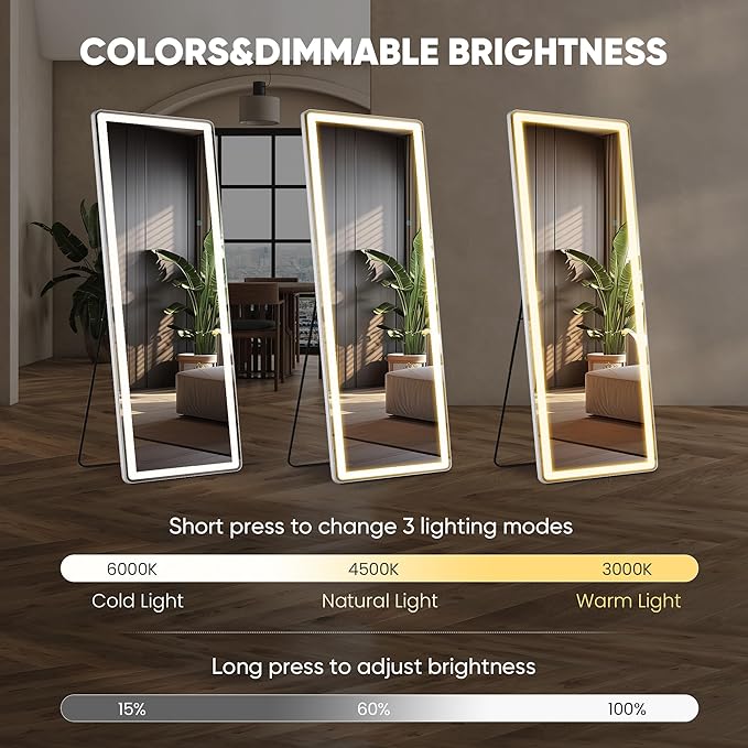 OLIXIS 16"×60" Full Length Mirror with Light, LED Floor Full Body Mirror with 3 Color Lighting