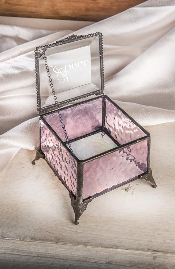 Personalized Pink Rose Glass Box Decorative Vanity Display Case Storage Jewelry Organizer Keepsake Gift for Her Girl Women Pink Vintage Decor J Devlin Ellen Box 903 EB245