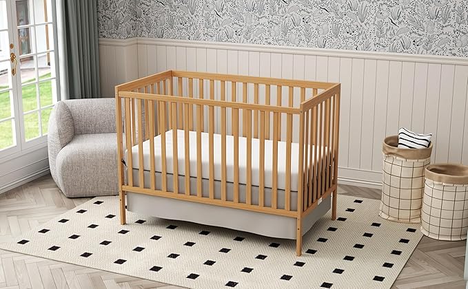 Baby Crib 5-in-1 Convertible, Wooden Nursery Cribs Converts to Toddler Bed, Daybed and Full Size Bed, 3 Adjustable Base, Non-Toxic Finish (Natural)