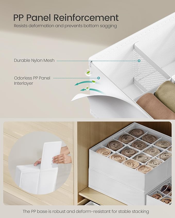 SONGMICS Set of 4 Underwear Organizers, Drawer Organizers, Dresser Closet Storage, 80 Cells (2x16+2x24), Foldable Dividers, 11.8 x 11.8 x 3.9 Inches, for Socks, Ties, Belts, Cloud White URUS011W01