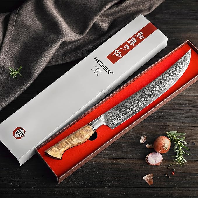 HEZHEN Slicing Knife 10 inch - Granton Carving Knives Hollow Ground Meat Knife Kitchen Long Slicer & Carver - Figured Sycamore Wood Handle - Gift Box Included - Master Series