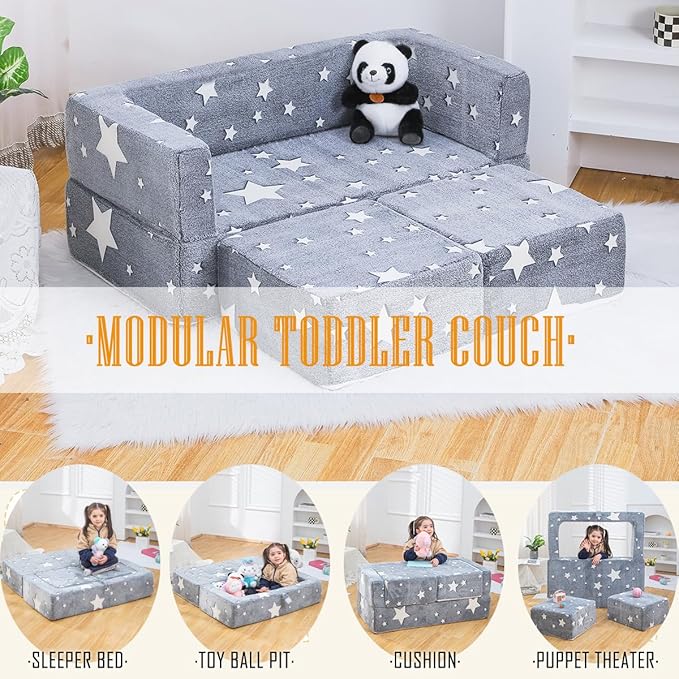 Kids Play Couch 3-in-1 Modular Toddler Baby Couches Foam Armchair for Boys & Girls Children Convertible Sofa to Lounger Fold Out Kids Furniture Sofa Play Set, Grow in The Dark Star