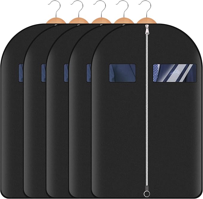 5 Pack 40-inch Suit Bag Garment Bag for Travel and Storage, Garment Bags for Hanging Clothes with Zipper and Visible Transparent Window, Black