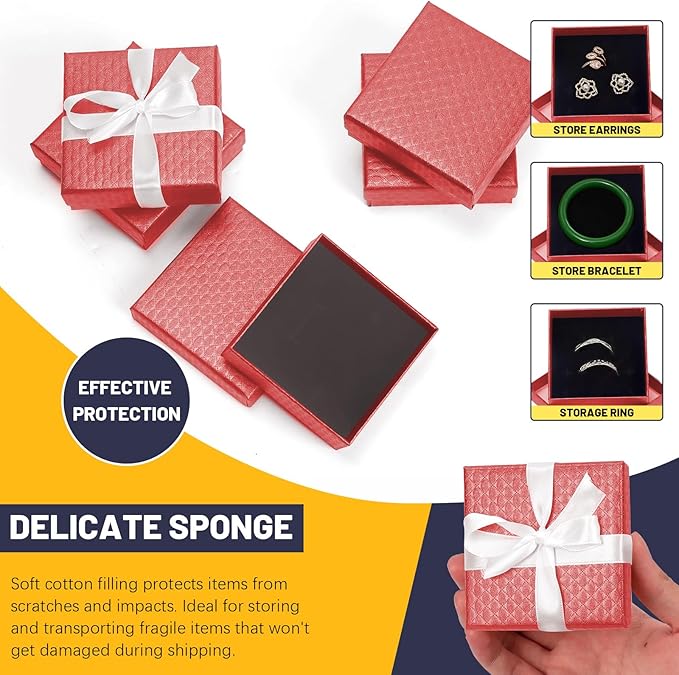 Glarks 12pcs Red 9 x 9 x 3CM Jewelry Gift Boxes with Pink Scissors and 1.5 x 225CM White Polyester Ribbon Set, Diamond Pattern Necklace Earring Bracelet Boxes Gift Case Ideal