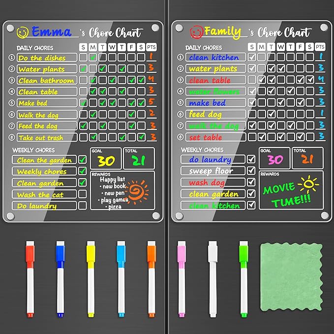 PigPotParty Acrylic Magnetic Chore Chart for Kids on Fridge – 2 Pack 9.5"x12" Weekly Dry Erase Chore Board with 8 Fine Tip Colorful Markers and 1 Towel – for Multiple Kids, Teens and Family