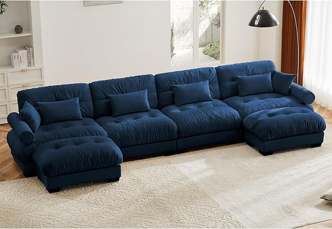 Ball & Cast 166" U Shaped Couch Sectional Couch,4 Seater Modular Couchs with Round Bolster Armrest,6 Pillows,Waist Pillows,Modern Corner Sofa w/ 2 Removable Ottomans,for Living Room,Blue