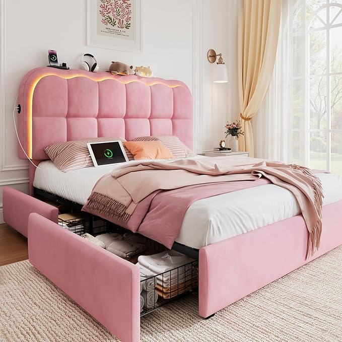 Full Size Bed Frame with 4 Storage Drawers and LED, Adjustable Clouds Headborad, Velvet Upholstered Platform Full Bed Frame with Charing Station, Wood Slats Support, No Box Spring Needed,Pink