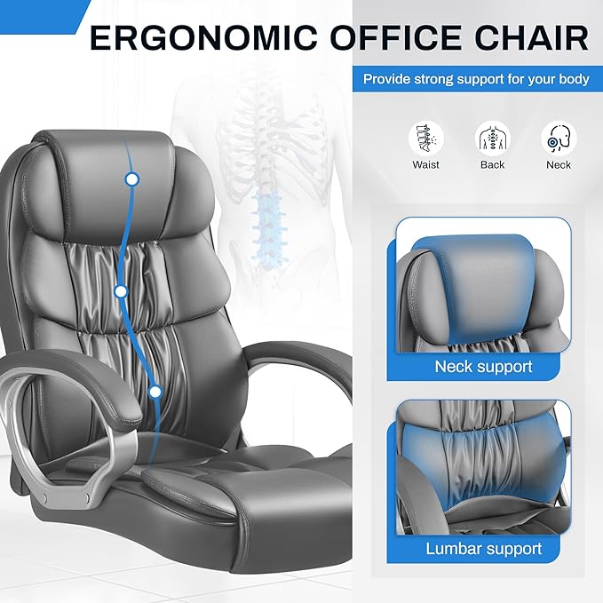 Furmax Leather High Back Office Chair Ergonomic Executive Office Chair Swivel Computer Desk Chair Lumbar Support Soft Cushioned Padded Arms (Grey)