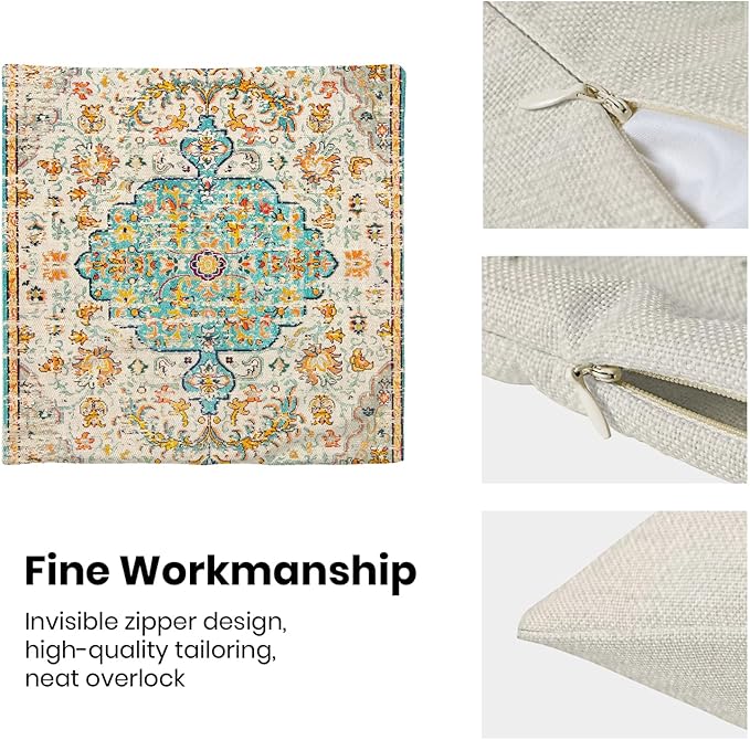 Boho Pillow Covers 18x18 Set of 2, Carpet Pattern Teal Yellow Decorative Throw Pillows Farmhouse Bohemian Cushion Pillow Covers for Sofa Couch Outdoor Decor