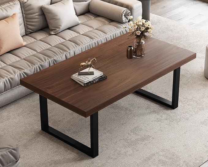 IBF Walnut Coffee Table, Minimalist Wooden Living Room Table, Modern Simple Rectangle Center Table, Vintage Rustic Wood and Metal Cocktail Tea Coffee Table for Home Bedroom Office, Walnut, 39 Inch
