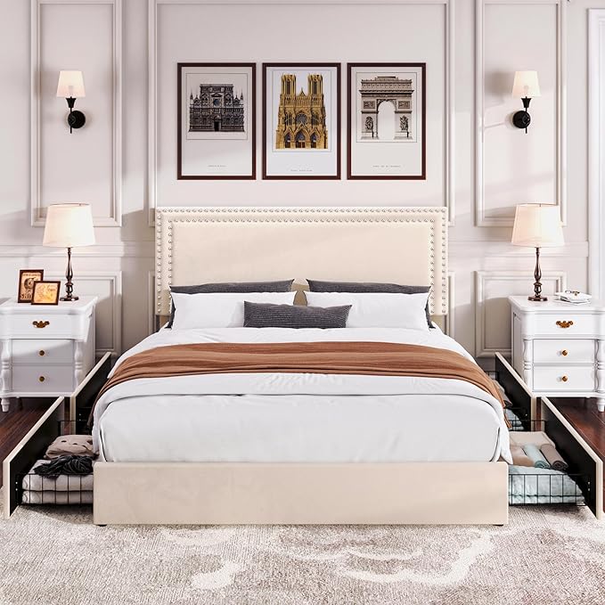 VECELO King Size Upholstered Platform Bed Frame with 4 Storage Drawers, Adjustable Velvet Rivet Decor Headboard, Wooden Slats Support, No Box Spring Needed, Easy Assembly