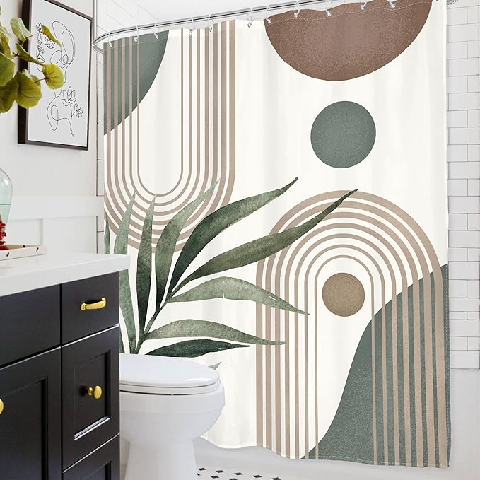 Glawry Boho Shower Curtain Brown Mid Century Abstract Plant Palm Leaves Modern Arch Curve Bathroom Minimalist Geometric Aesthetic 60Wx72L Inches Bath Accessories Art Home Decor Fabric 12 Pack Hooks