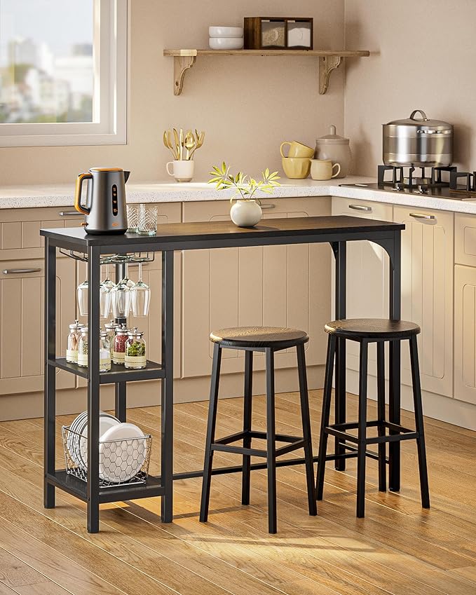 Small Bar Table Set for 2, Bar Table and Chair Set for 2, Kitchen Table for 2 with 2 Storage Shelves & Wine Glass Holder, Dining Table for Small Apartment, Dining Room, Black