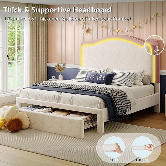 Jocisland Twin Bed Frame with 51" Tall & Thick Adjustable Headboard, Storage Drawer, RGB LED Lights, No Box Spring Needed, Velvet Upholstered, Cream