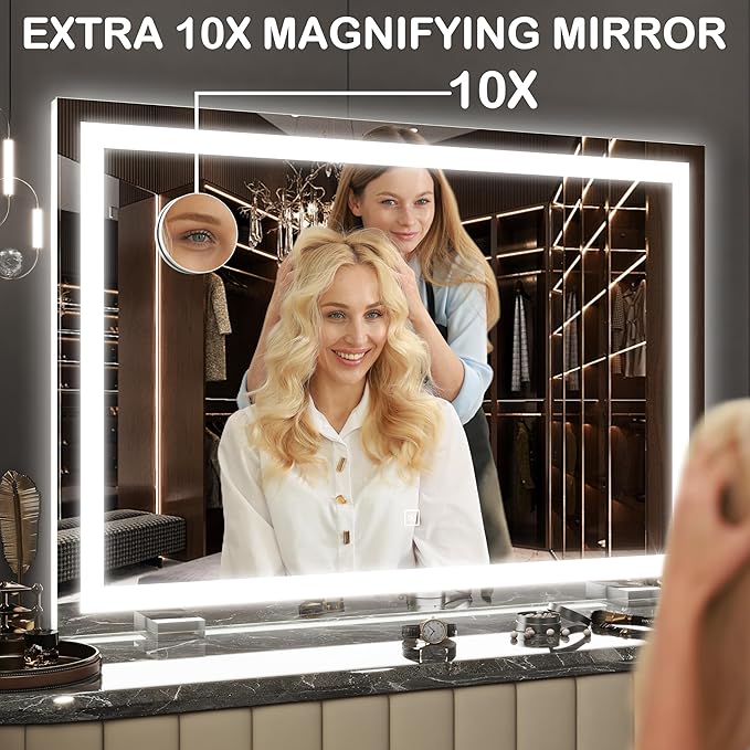 FENNIO Makeup Mirror with Lights 22"x19" ，LED Makeup Mirror ，Large Vanity Mirror with Lights，Touch Sensor with Dimmable 3 Modes, Square White