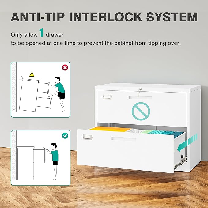 2 Drawer Lateral File Cabinet with Lock,White Lateral Filing Cabinet,Horizontal Metal Filing Cabinets,Locked Wide File Cabinets for Office Home,Fit A4/F4/Letter/Legal File,-Assembly Required