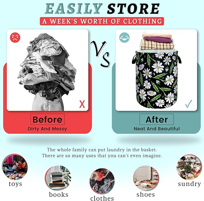 Cute Daisy Flowers Laundry Basket Foldable Oxford Cloth Floral Laundry Hamper With Handle Portable Clothes Storage Basket 18.9 X 16.5 Inch Storage Bag For Laundry Room/Bathroom/Bedroom