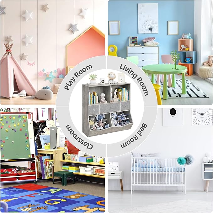 7-Cubby Large Kids Toy Storage Organizer, Children Wood Bookcase and Bookshelf, 3-Tier Toy Storage Cabinet with 3 Drawers for Hallway, Playroom, Living Room, School,Gray