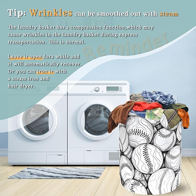 Black White Baseball Pattern Laundry Basket Foldable Oxford Cloth Baseball Laundry Hamper With Handle Portable Clothes Storage Basket 18.9 X 16.5 Inch Storage Bag For Laundry Room/Bathroom/Bedroom
