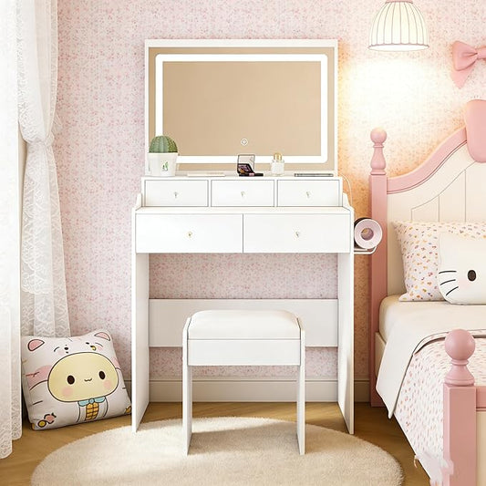 Ball & Cast Vanity Desk with Large Mirror & Power Outlet,3 Dimmable Colors Light Makeup Vanity Table Set with 5 Drawers & Chair,Adjustable Brightness Dressing Table for Women Girls Bedroom,White