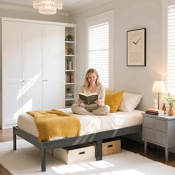 Hokway Wood Full Size Bed Frame- No Wobble,Noise-Free,Easy Assembly with Precise Holes,12 in Wood Slat Support,No Box Spring Needed,Dark Gray