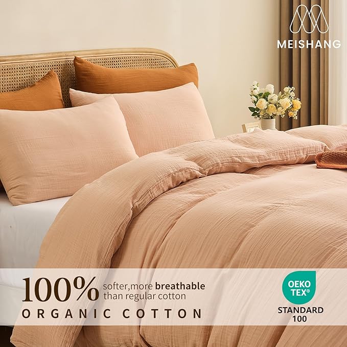 MEISHANG Muslin Duvet Cover Queen Size - 100% Organic Cotton, Soft Textured Gauze Weave Comforter Cover for Breathable All-Season with Zipper Closure - 3 Piece Set (Queen, Cameo Rose)