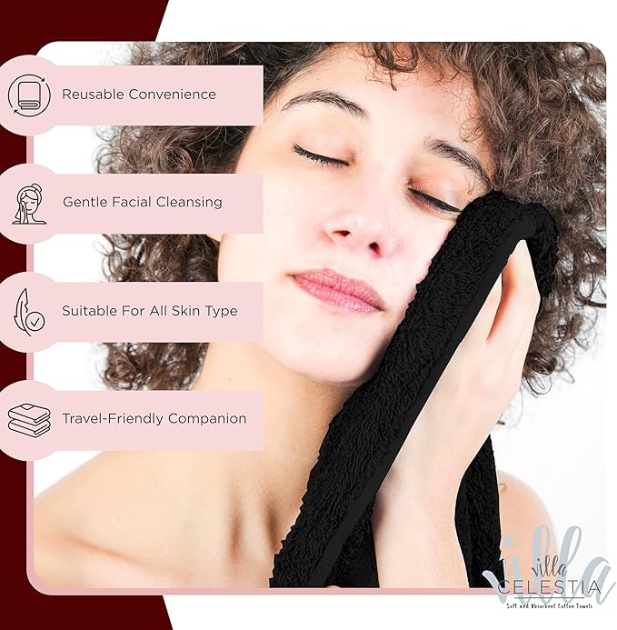 Black Makeup Remover Towels Set of 4, 100% Soft Cotton Reusable Luxury 4 Pcs Makeup Wipes for Face, Ideal for Salon, Bath, Hotel, Spa, Washcloths for Face Pack of 4 (12"X12")