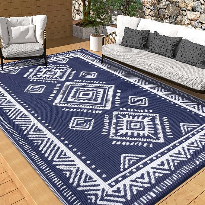 OMERAI Reversible Waterproof Outdoor Rug for Backyard,Plastic Textured Resistant Outdoors Rugs,Portable Washable Easy Cleaning Foldable Camping Beach Carpet for Patio Courtyard, 8'x10' Blue & White