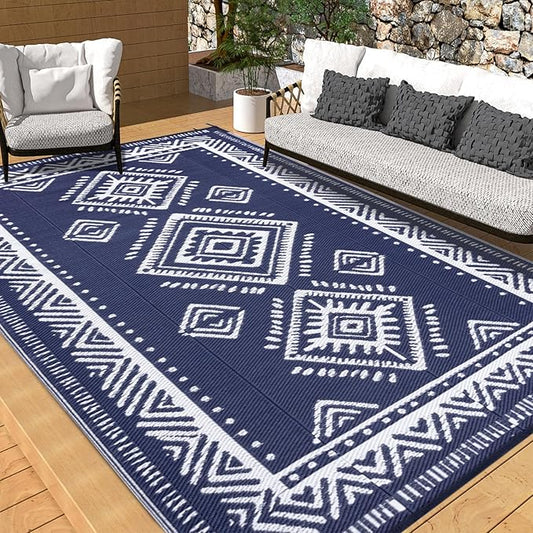 OMERAI Reversible Waterproof Outdoor Rug for Backyard,Plastic Textured Resistant Outdoors Rugs,Portable Washable Easy Cleaning Foldable Camping Beach Carpet for Patio Courtyard, 8'x10' Blue & White