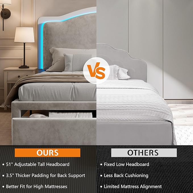 Jocisland Queen Bed Frame with Storage Drawers, 51" Adjustable Velvet Headboard, RGB LED Lights, Upholstered Platform Bed, Modern Bed for Teens, Guest Room, No Box Spring Needed, Grey