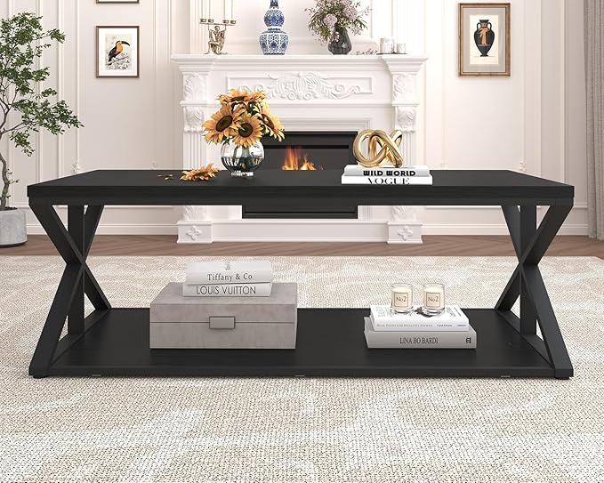 Launica Modern Coffee Table with Storage, Farmhouse Living Room Table, Minimalist Rectangle Center Table, Industrial Vintage Wood Tea Table, 47 Inch, Black Oak