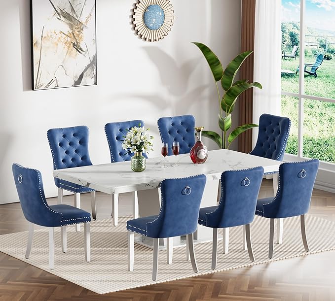 Goujxcy 9-Piece Extendable Dining Table Set for 6-8 People 63-78 Inch Kitchen Table Set with 8 Blue Upholstered Chairs Modern White Faux Marble Rectangular Dining Room Table Set for Kitchen Apartment