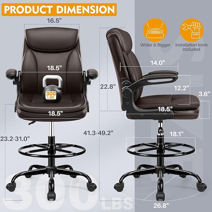 Drafting Chair Tall Office Chair Leather Executive Office Chair with Adjustable Foot Ring Flip Up Armrest - Comfy Ergonomic Desk Chairs with Lumbar Support for Office Home Studio - Brown