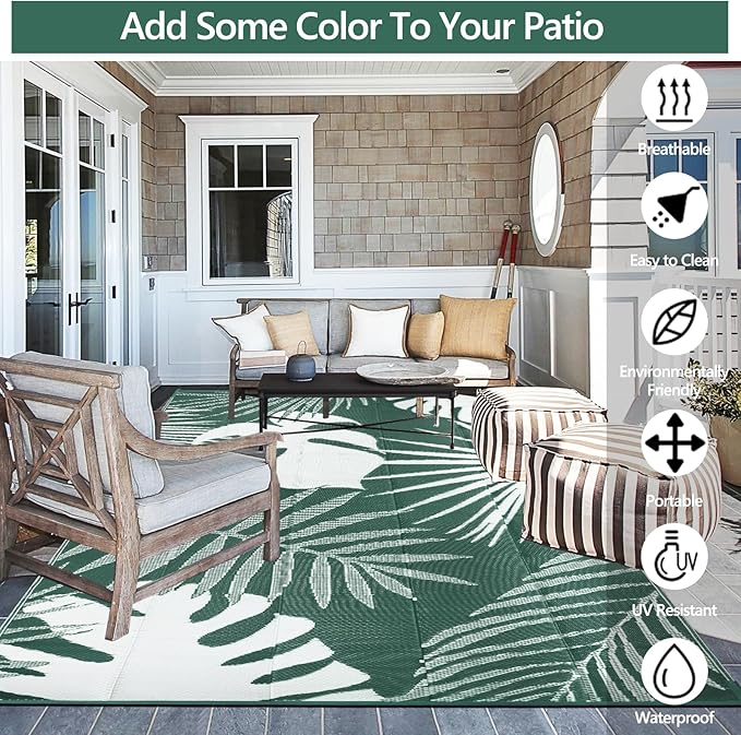 Waterproof Outdoor Rug 8x10 ft, Reversible Plastic Straw Mat with Leaf Pattern, Large Floor Mat for Patio, Camping, Picnic, Backyard RV, Deck, Dark Green