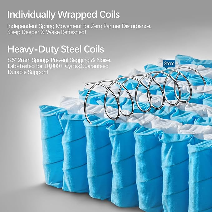 Full Mattress- 10 Inch Hybrid Firm Support with Pocketed Coils & Cooling Gel Memory Foam | Orthopedic Back Pain Relief | Breathable | Full Size Mattresses in a Box