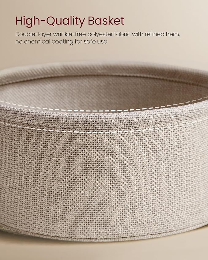 VASAGLE Small Round Side End Table, Modern Nightstand with Fabric Basket, Matte White and Camel Brown ULET223W10