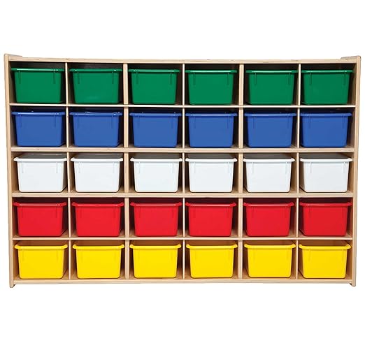 Contender 30-Cubby Montessori Cabinet with Assorted Bins Kids Shelf Organizer Made of Baltic Birch Plywood, Greenguard Gold Certified Storage Box, White