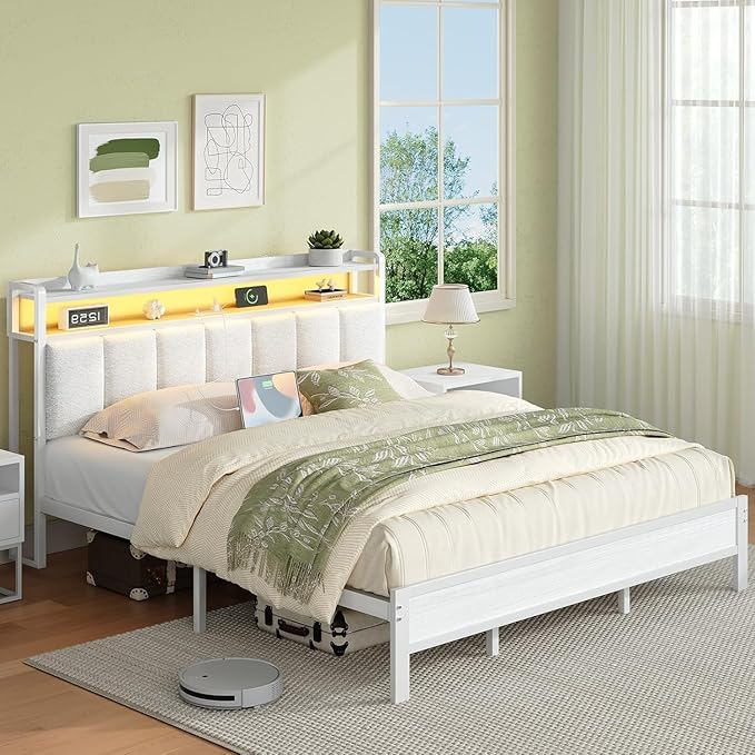 King Bed Frame with LED Lights and Charging Station, Metal Platform Bed Frame King with Upholstered Storage Headboard, Heavy Duty Metal Slats, No Box Spring Needed, Easy Assembly, White